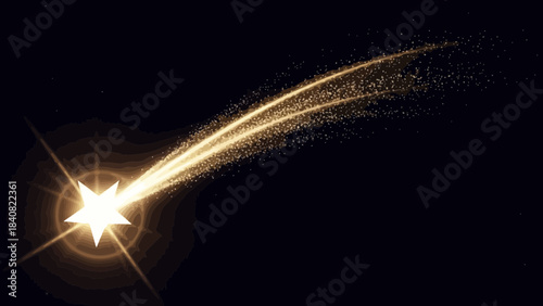 Golden star trail with sparkling light effects on a dark background scene