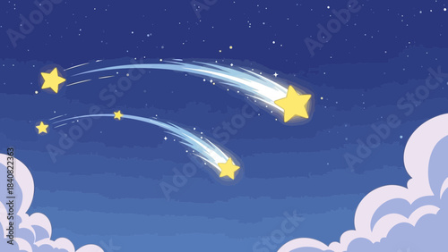 Magical night sky with shooting stars and fluffy clouds, vector illustration
