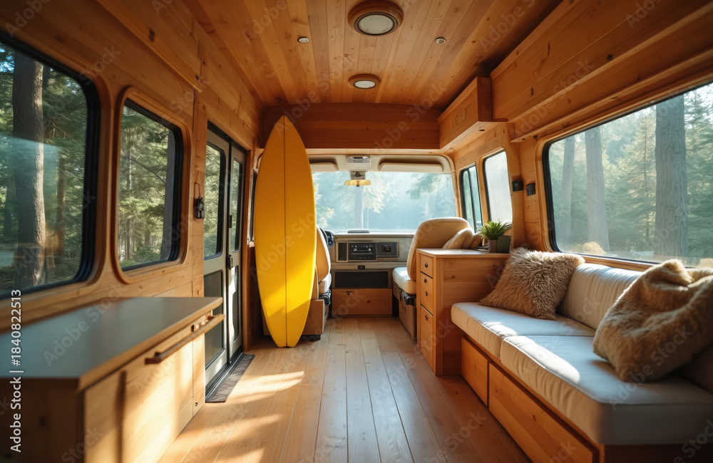 Fototapeta premium Van interior with wooden panels, comfy sofa and yellow surfboard. Motorhome parked among forest trees, bathed in sunlight. Cozy mobile home for nature lovers and surfers on coastal roads.
