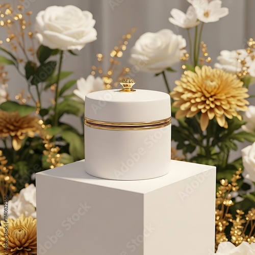 Elegant white cosmetic jar with gold accents rests upon a pedestal amidst abundant white and gold flora