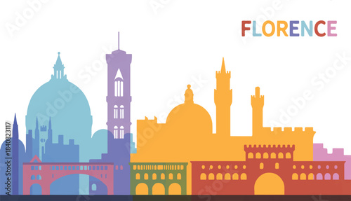 Vibrant cityscape illustration of Florence's iconic skyline in silhouette, showcasing famous landmarks in a colorful palette