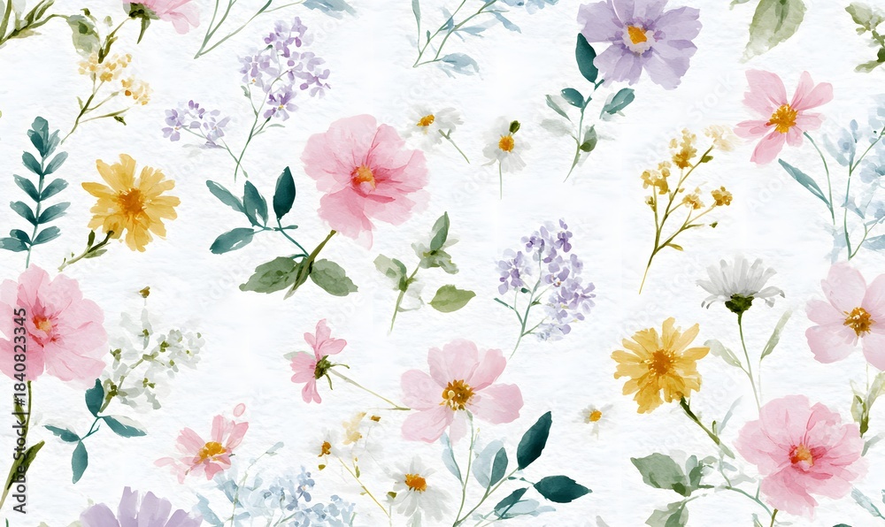 Obraz premium a delicate watercolor pattern of pastel-colored wildflowers, including roses and daisies, arranged in an elegant layout on white paper