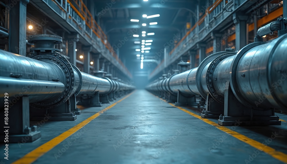 Fototapeta premium Vast industrial facility interior with rows of large steel pipes, valves. Long corridor with overhead lights leads into dim distance. Yellow lines mark pathway on concrete floor. Scene conveys heavy