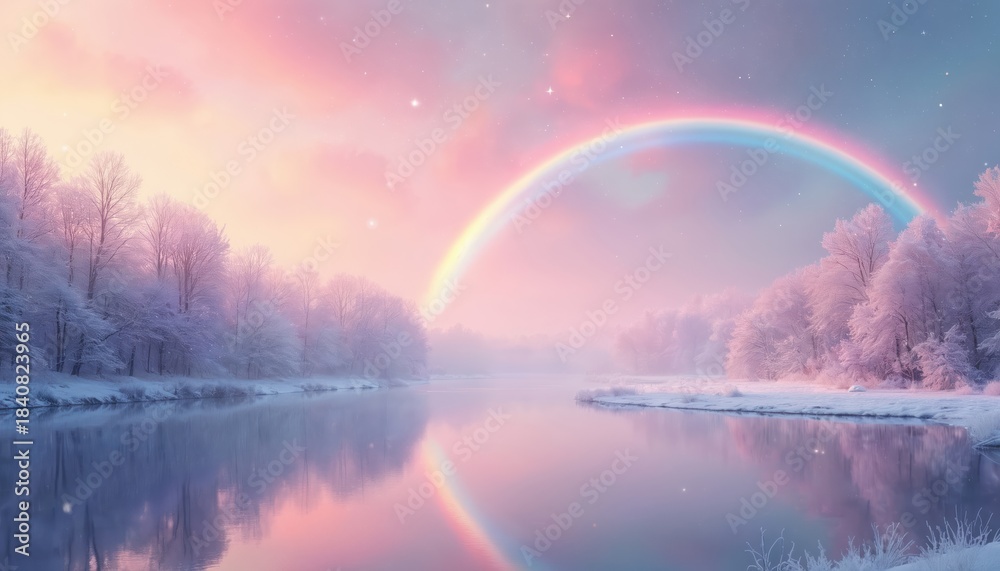 Fototapeta premium Pastel rainbow arches over a serene winter river at dusk. Snow covered trees line the bank, reflecting in calm water under a starry pink sky. Magical peaceful landscape view.