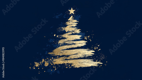 Golden Brush Stroke Christmas Tree with Star on Dark Blue