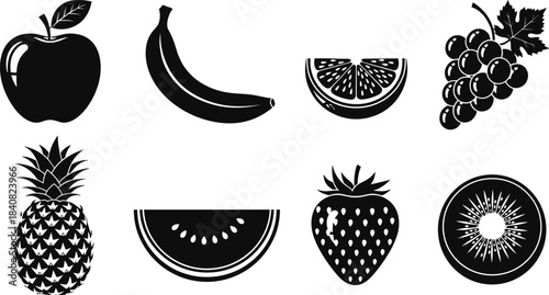 Black Silhouette Set of Healthy Fresh Fruits Including Apple, Banana, Strawberry, Kiwi, Pineapple, Watermelon and Grapes Isolated on White Background Vector Illustration