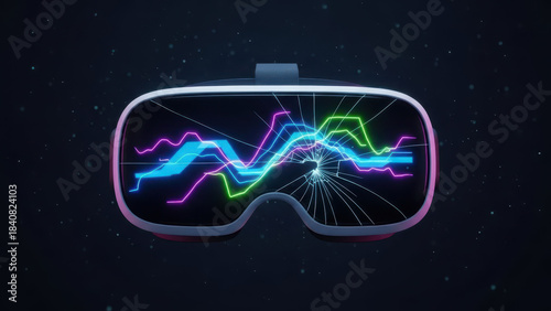 Cracked VR visor displaying vibrant holographic graphics in bright colors. Cracked VR visor showcases colorful waveforms and data visualizations on screen.