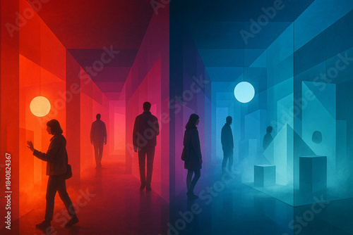 Stylized symmetrical corridor with warm and cool lighting