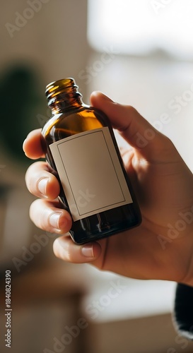 Person holding small dark glass dropper bottle with blank label