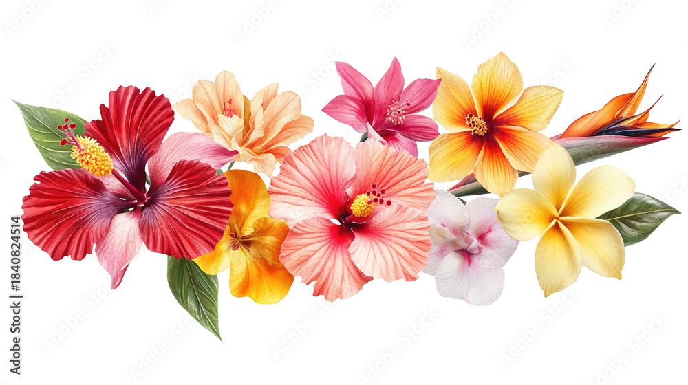 Obraz premium Exotic floral arrangement on black background with hibiscus and plumeria blooms