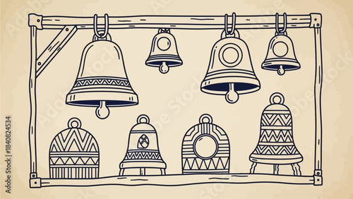 A hand-drawn illustration featuring a collection of various decorative bells, some hanging and some resting on a wooden shelf, with intricate patterns.