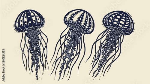 Vintage style illustration of three ornate jellyfish with long tentacles.