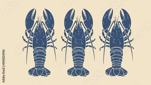 Three blue lobsters in a vintage illustration style on a light background.