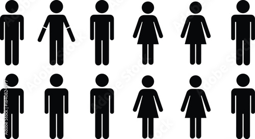 Human figure icon set featuring male and female silhouettes in simple minimal pictogram style for infographic, signage, UI and graphic design projects