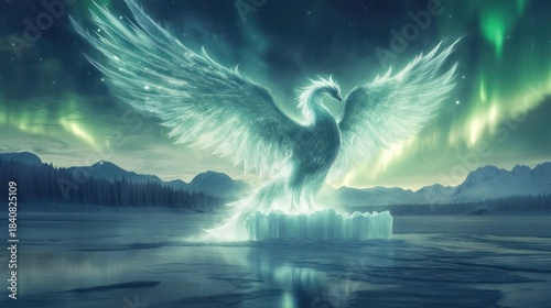 Mystical Ice Phoenix Illuminated by Northern Lights over Frozen Landscape