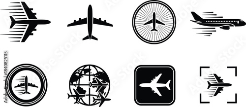 Set of airplane icons and aviation symbols featuring flight silhouettes, travel emblems, fast motion aircraft graphics and global aviation design elements
