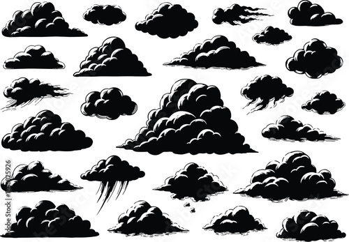 Set of dark storm clouds vector illustration, dramatic sky elements with thunder and rain, black cumulus silhouettes, weather art design collection