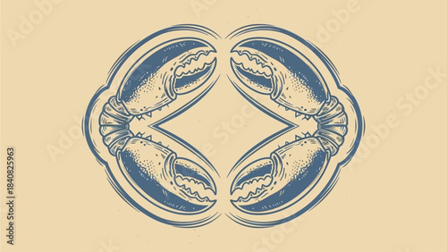 Symmetrical vintage illustration of two mirrored blue lobster claws forming an abstract pattern on a beige background.