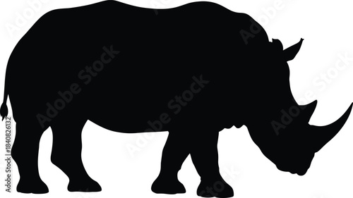 Rhino silhouette vector illustration, wild animal graphic design, endangered species art, black and white rhinoceros shape for wildlife conservation and nature concept projects