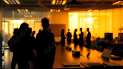 Generative AI depiction of modern lively business environment with silhouettes of professionals