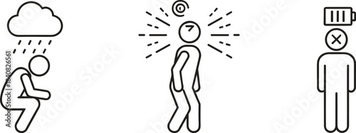 Simple line icon set illustrating three common negative emotional and mental health states: depression or sadness under a rain cloud,