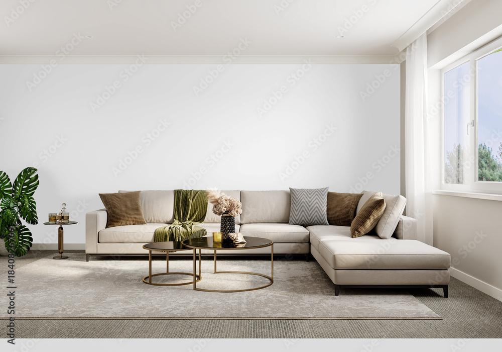 Fototapeta premium Contemporary Living Room with Large L-Shaped Sofa, Elegant Coffee Tables and Decor – Wall Cutout PNG – Front View Interior Mockup