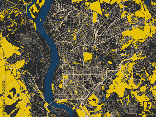 Flat city map of Tomsk, Russian Federation in noir yellow color palette