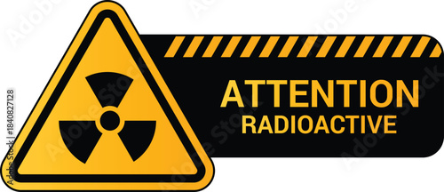 Warning radioactive material warning hazard sign. Trefoil symbol with black striped yellow background for industrial safety use