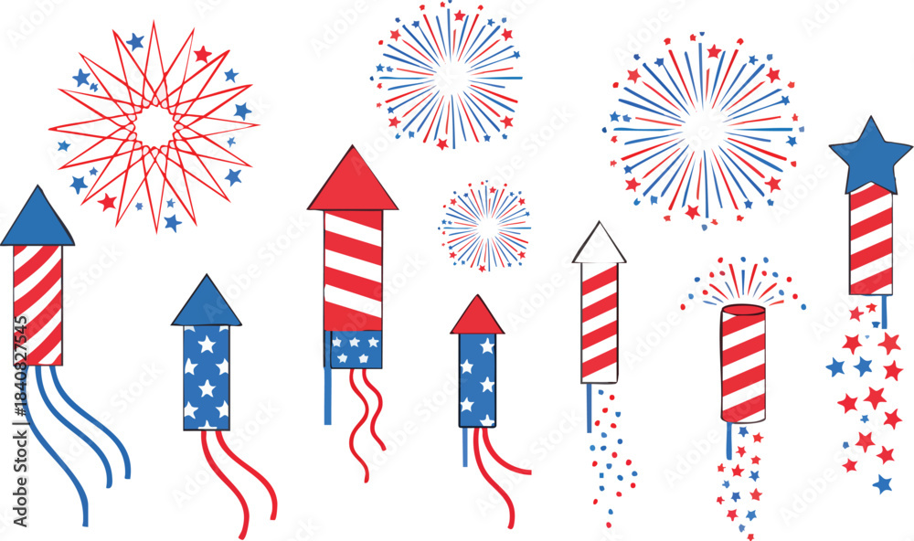 Obraz premium Patriotic fireworks and rocket illustrations in red, white and blue