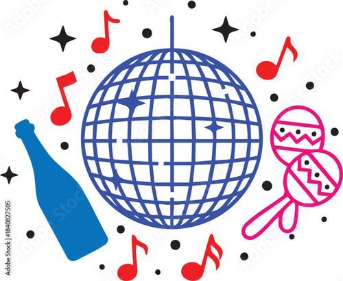 Party celebration illustration with disco ball, music notes, maracas and bottle