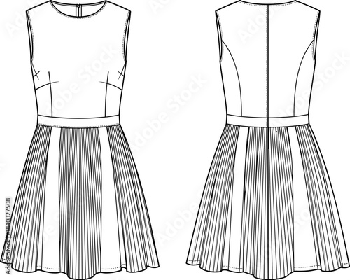 Women's Mini Dress Technical Fashion Flat Sketch, Sleeveless Bodice, High Waist, Accordion Pleated Skirt, CAD Template Vector Illustration.