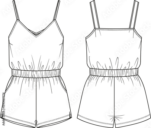 Women's Romper Technical Fashion Flat Sketch, Smocked Waist, Camisole V-Neck, Spaghetti Strap Playsuit Vector CAD Illustration.