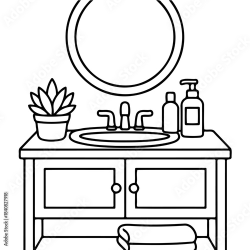 Minimalist Bathroom Scene: Clean lines define a stylish bathroom vanity, complete with a round mirror, sink, and decorative accessories, offering a sense of modern elegance.