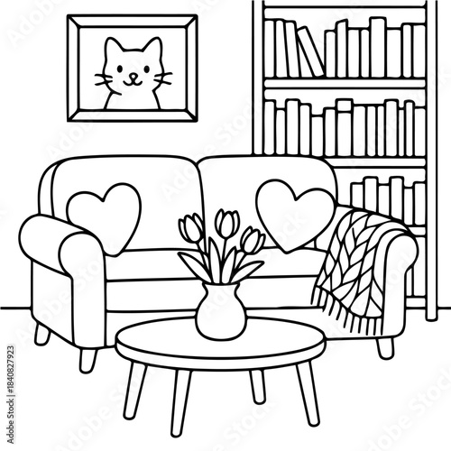 Cozy Living Room Illustration: A charming illustrated living room invites with a sofa adorned with heart-shaped cushions, a vibrant floral display, and a curated bookshelf.