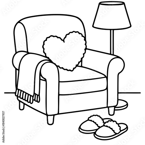 Cozy Corner: A Simple illustration portrays a comfortable armchair inviting relaxation with a heart-shaped pillow, a warm blanket, and a soft pair of slippers, complemented by a bedside lamp.