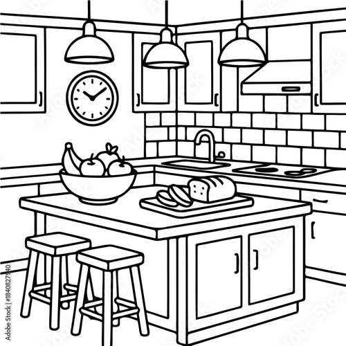 Kitchen Still Life: A detailed monochrome illustration of a kitchen, featuring a central island adorned with fruit, bread, and stools, alongside functional elements like a sink, oven, and clock.