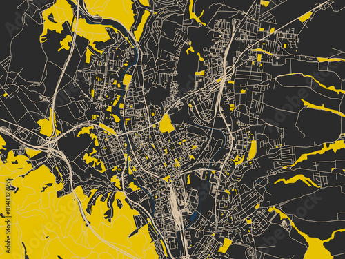 Fotografía Urban map of Presov, Slovakia in a dark flat palette: deep charcoal background w