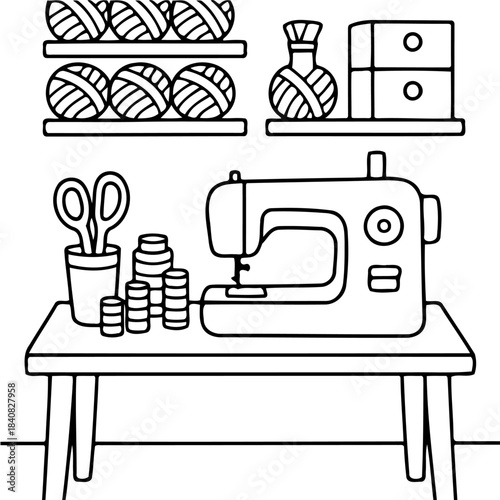 Crafting Corner: A meticulously organized crafting space with a sewing machine as its centerpiece, symbolizing creativity and the art of textile work.