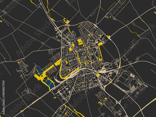 Φωτογραφία Urban map of Trnava, Slovakia in a dark flat palette: graphite black base with w
