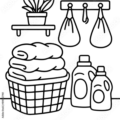 Laundry Room Essentials: A tidy laundry room scene showcasing neatly folded towels in a basket, detergent bottles, and a plant, symbolizing domestic organization and cleaning.
