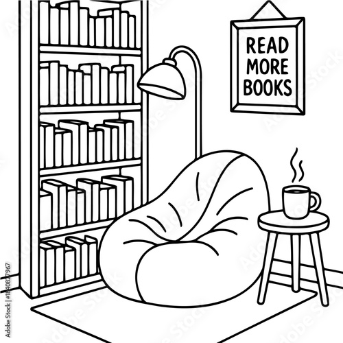 Cozy Reading Nook: Embrace tranquility in this inviting reading nook, complete with a comfortable beanbag chair, a well-stocked bookshelf, and a steaming mug.