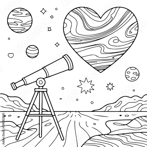Cosmic Observation: A captivating sketch illustrates a telescope gazing towards celestial objects and a heart-shaped planet in the vast expanse of space, symbolizing exploration, love, and wonder.