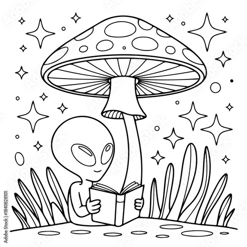 Alien's Reading Delight: An extraterrestrial being immerses itself in the pages of a captivating book beneath a whimsical mushroom, surrounded by celestial sparkles.