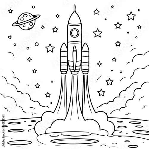 Blast Off: A monochrome illustration of a rocket ship ascending into the vast expanse of space, surrounded by celestial bodies, representing the limitless possibilities of exploration and discovery.