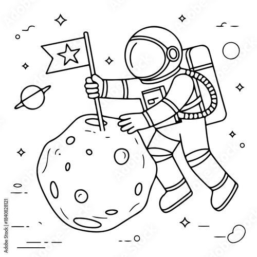 Cosmic Pioneer: An astronaut plants a flag, marking a new frontier in the vast expanse of space, symbolizing exploration, discovery, and human ambition.