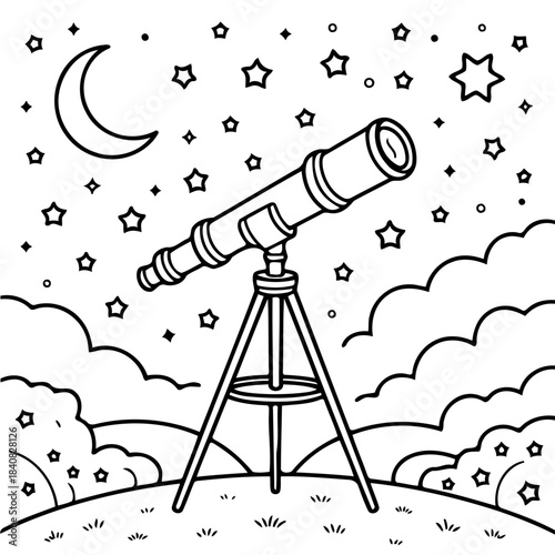 Celestial View: A vintage telescope stands poised on a tripod, gazing towards the night sky. The moon and stars create an awe-inspiring vista. 