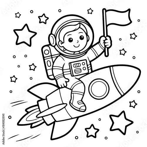 Cosmic Explorer: A young astronaut, radiating joy and wonder, embarks on a rocket ship adventure amid a constellation of twinkling stars.