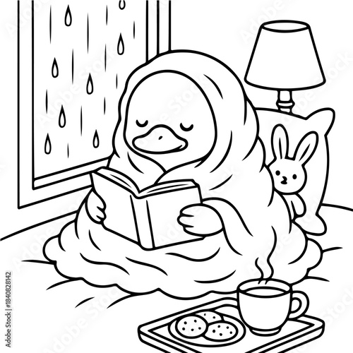 Cozy Reading Nook on Rainy Day: Amidst the gentle patter of rain, a creature finds solace, wrapped in a blanket, engrossed in a captivating book, with a warm beverage and sweet treat close at hand.