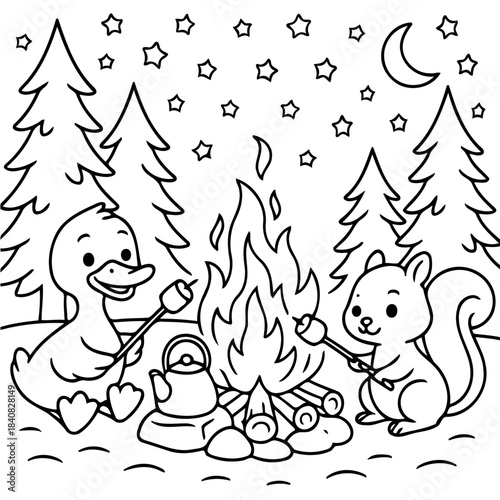 Camping Adventure: A cheerful duck and a cute squirrel sharing a cozy moment, roasting marshmallows over a crackling campfire under the starry sky.