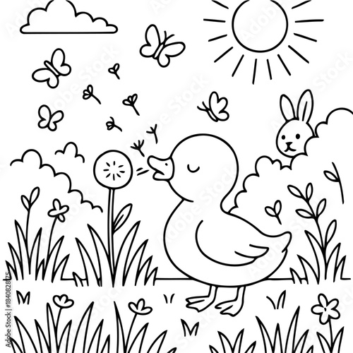 Duckling Blowing Dandelion Seeds: A charming illustration depicts a delightful duckling, joyfully blowing dandelion seeds into the air, while butterflies flutter around a sunny spring day.